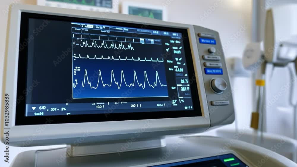 A close-up of a medical monitor displaying a patient's vital signs in a hospital room A close-up of a medical monitor displaying a patient's vital signs in a hospital room
