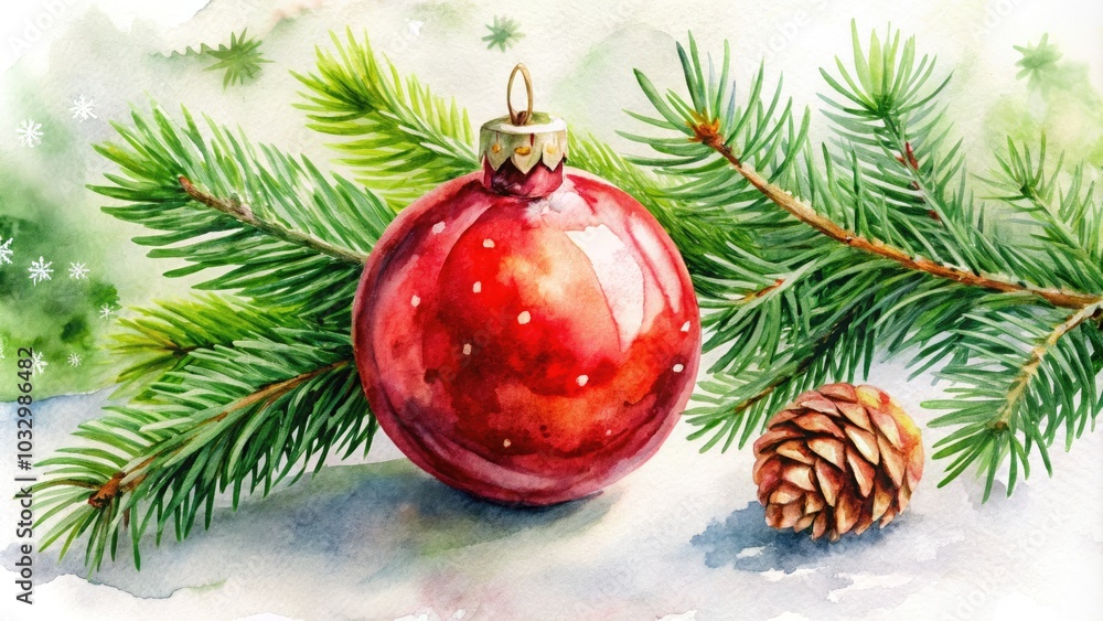Naklejka premium Watercolor Christmas Ball with Red Ribbon and Pine Branches on White Background for Holiday Decor, Winter Festivities, and Seasonal Celebrations