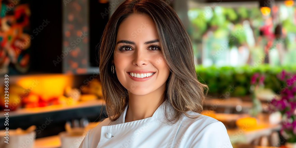 Young and attractive chef posing on the terrace of her restaurant Young and attractive chef posing on the terrace of her restaurant