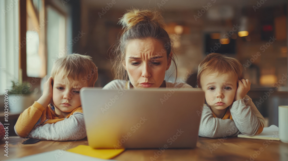 Overworked parent balancing laptops and kids, feeling stressed while managing work and family responsibilities. scene captures challenges of multitasking in home environment Overworked parent balancing laptops and kids, feeling stressed while managing work and family responsibilities. scene captures challenges of multitasking in home environment
