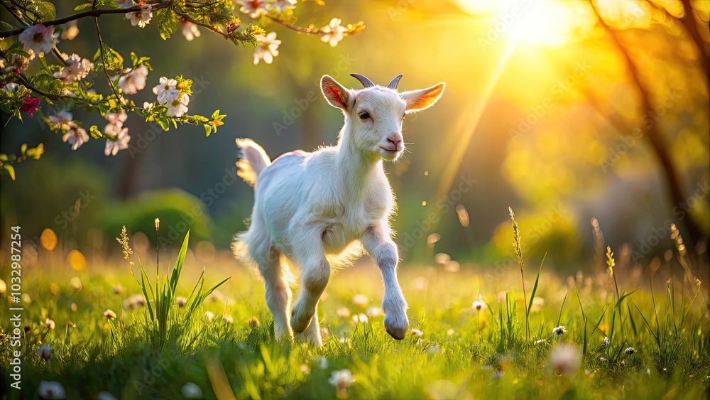 Young Baby Goat in Springtime: Rural Exploration with Playful Kids in a Lush Green Field Young Baby Goat in Springtime: Rural Exploration with Playful Kids in a Lush Green Field