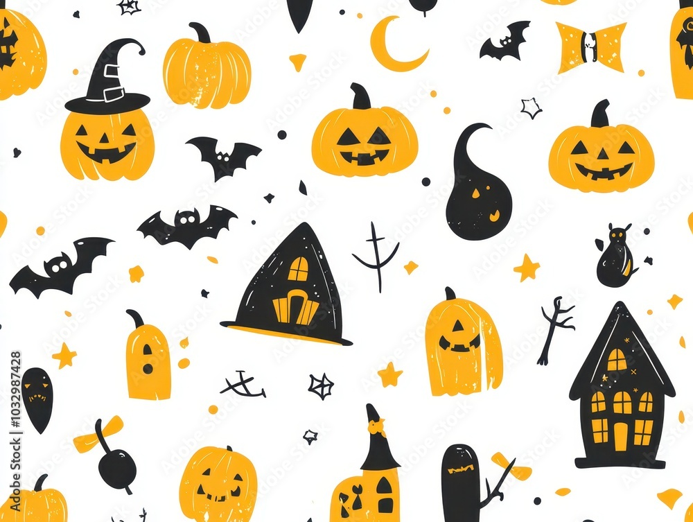 Fototapeta premium Halloween Seamless Pattern with Pumpkins, Bats, and Haunted Houses
