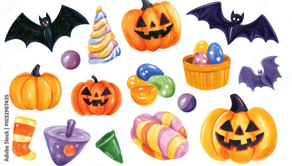 Fototapeta premium Watercolor Illustration of Halloween and Hanukkah Holiday Symbols