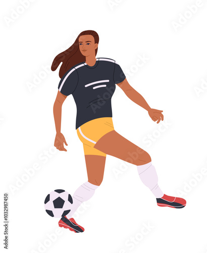 Soccer player. Happy female athlete running and kicking ball. Woman plays in European football league. Sports and activity. Flat vector illustration isolated on white background