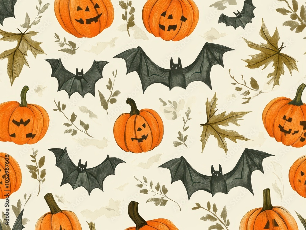 A Seamless Pattern Featuring Pumpkins, Bats, and Leaves for Halloween A Seamless Pattern Featuring Pumpkins, Bats, and Leaves for Halloween