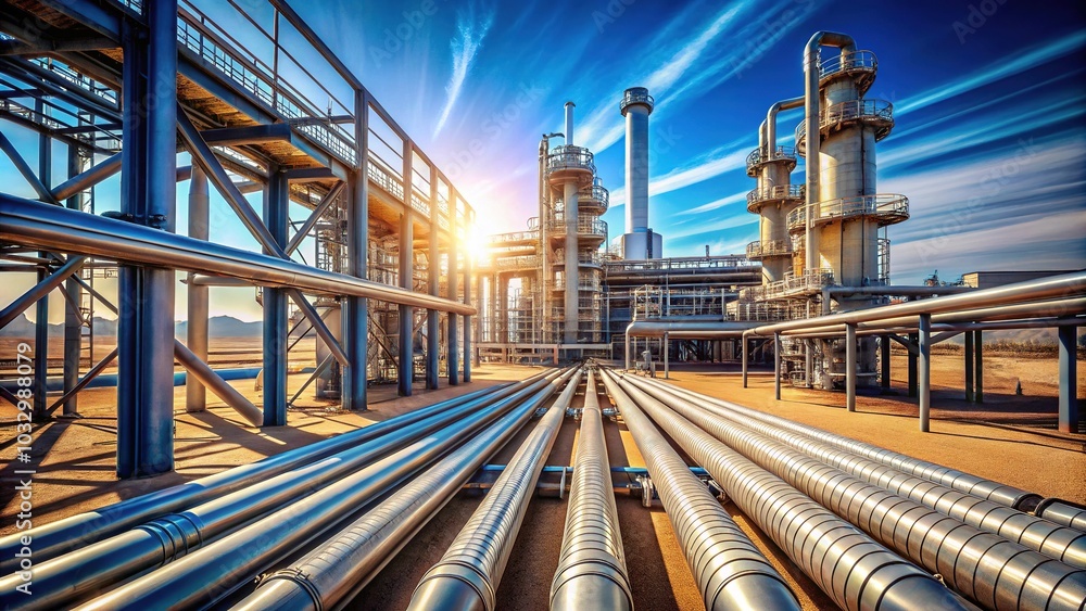 Close-Up of Industrial Pipeline and Pipe Rack against Clear Sky in Desert Landscape - Future of Energy, Industrial Refinery, Bokeh Effect at Midday Close-Up of Industrial Pipeline and Pipe Rack against Clear Sky in Desert Landscape - Future of Energy, Industrial Refinery, Bokeh Effect at Midday