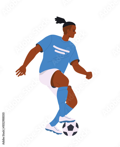 Soccer player. African American man plays European football game. Guy athlete running and hitting ball. Sports and activity. Flat vector illustration isolated on white background