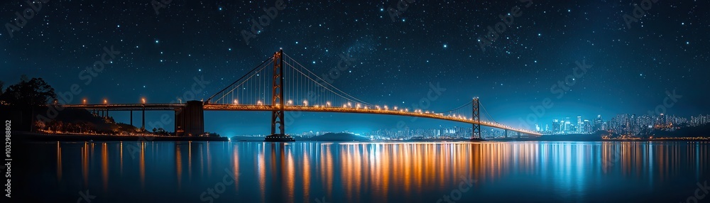 Fototapeta premium A suspension bridge illuminated against a backdrop of a star-filled night sky.