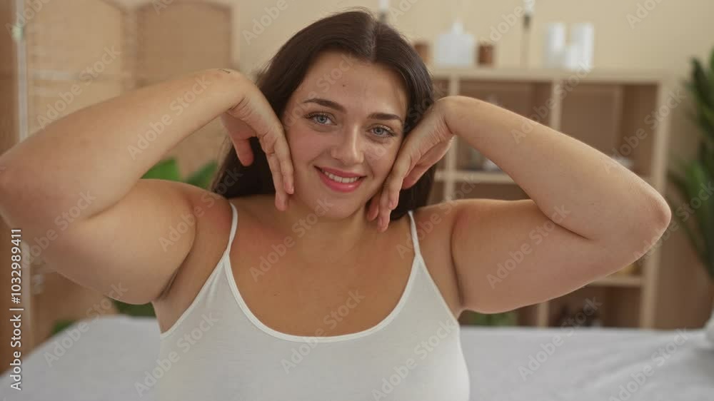 Woman enjoying relaxing moments in spa salon, smiling and posing in a serene wellness room Woman enjoying relaxing moments in spa salon, smiling and posing in a serene wellness room
