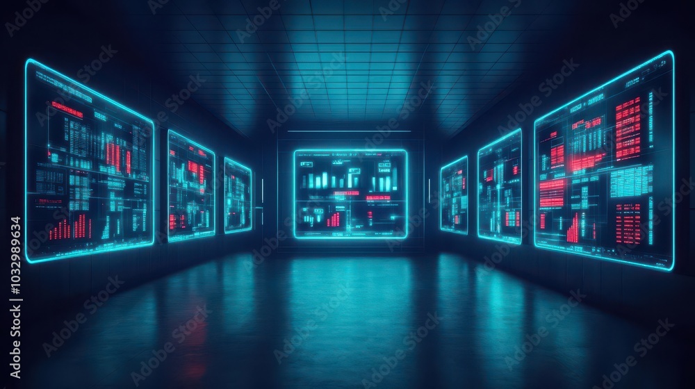 A dark, empty bank lobby with holographic screens malfunctioning, showing negative financial data, dark lighting, Dystopian, Photorealism A dark, empty bank lobby with holographic screens malfunctioning, showing negative financial data, dark lighting, Dystopian, Photorealism