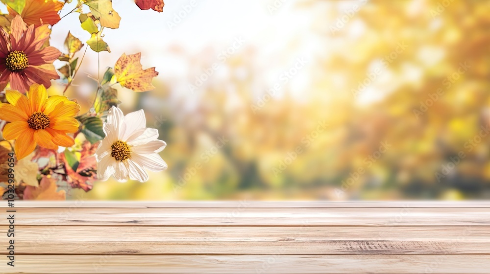 Empty wooden table with a blurred background of autumn flowers, perfect for product display in a seasonal setting. Ideal for showcasing fall-themed items, home decor, or natural products. Empty wooden table with a blurred background of autumn flowers, perfect for product display in a seasonal setting. Ideal for showcasing fall-themed items, home decor, or natural products.