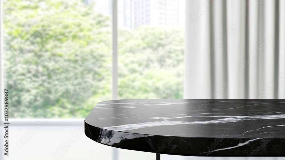 Black marble table with blurred window curtain background, perfect for product display in a modern, high-definition, realistic setting. Ideal for showcasing luxury, beauty, or home decor items. Black marble table with blurred window curtain background, perfect for product display in a modern, high-definition, realistic setting. Ideal for showcasing luxury, beauty, or home decor items.