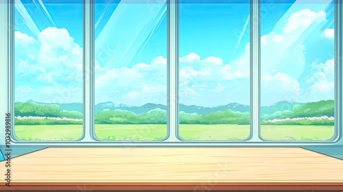 Empty table with a full train window in the background, showcasing a scenic landscape. Minimalist setting with even lighting, perfect for product presentations in a clean and spacious environment.