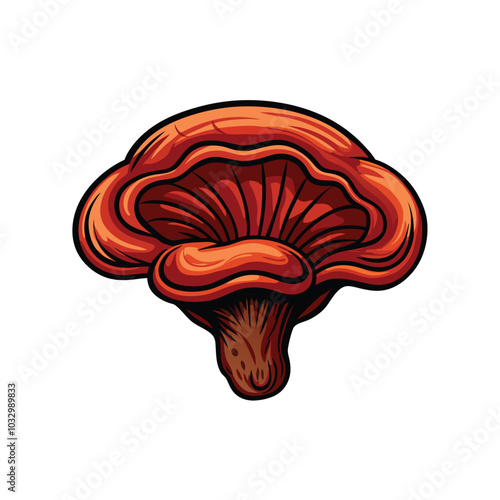 Detailed vector art of a reishi mushroom with its distinctive red cap and brown stem.