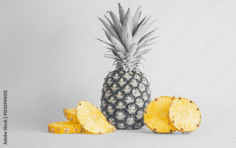 A pineapple with its crown still attached, alongside sliced pieces, ready for serving A pineapple with its crown still attached, alongside sliced pieces, ready for serving