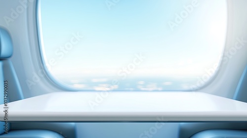 Minimalist silver-white tabletop with airplane window view, featuring soft clouds and bright sky. Clean, spacious background ideal for high-tech, beauty product presentations and advertising mockups.
