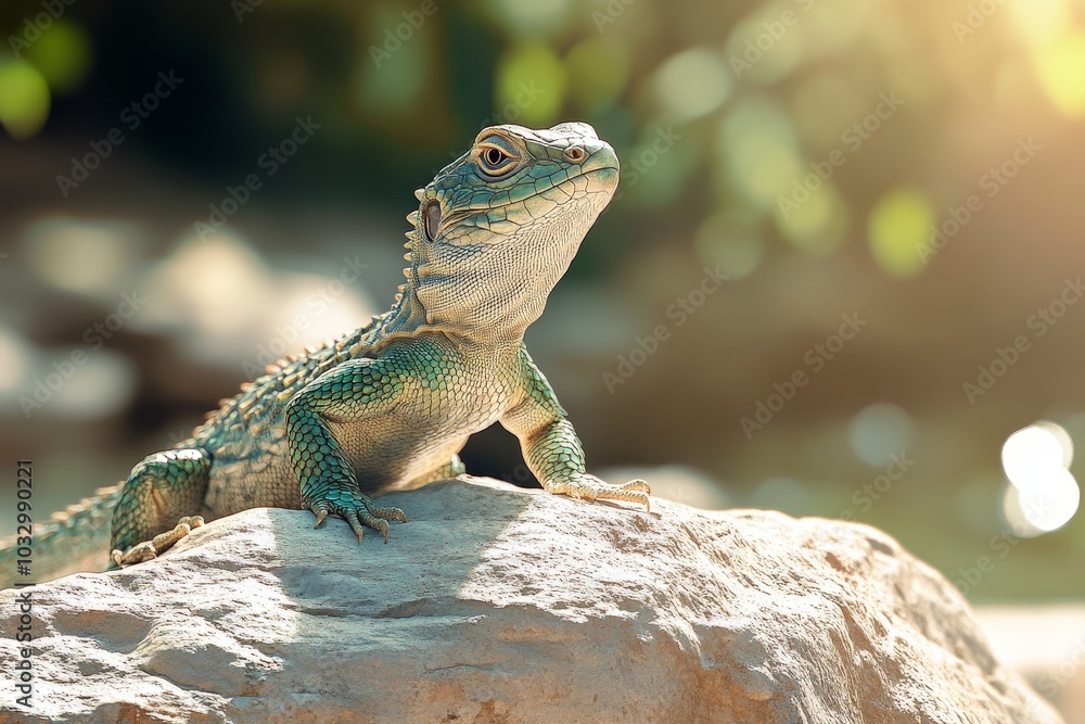 A rare, exotic reptile basking on a sunlit rock, its scales glistening A rare, exotic reptile basking on a sunlit rock, its scales glistening