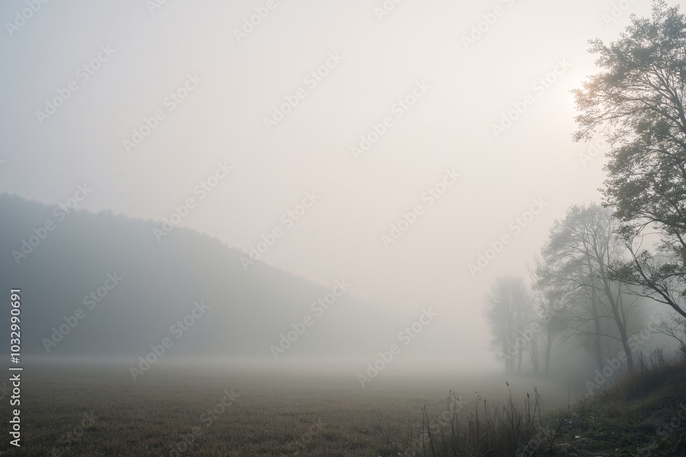 a foggy morning with a mountain in the background. a foggy morning with a mountain in the background.