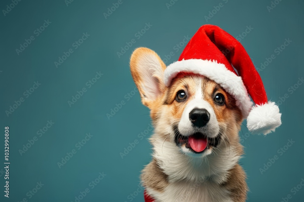 Cheerful corgi puppy in santa hat a joyful holiday portrait for christmas and new year greetings Cheerful corgi puppy in santa hat a joyful holiday portrait for christmas and new year greetings