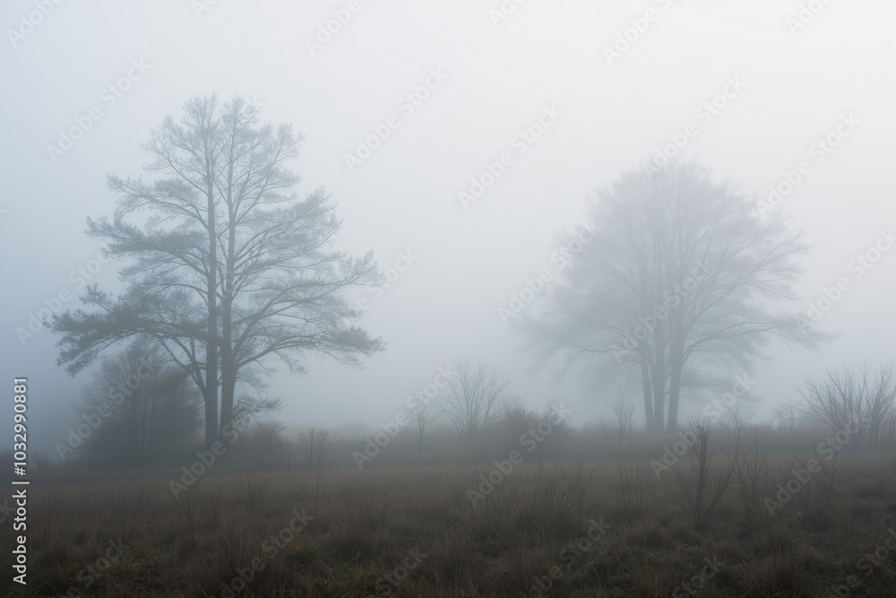 a foggy morning with a mountain in the background. a foggy morning with a mountain in the background.