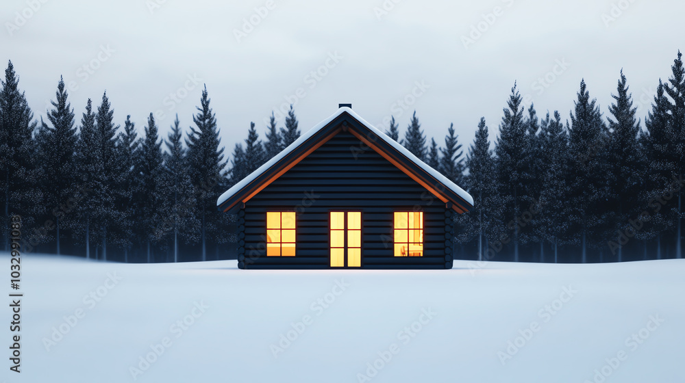 A cozy black cabin with glowing windows, set against a snowy landscape and dark evergreen trees. A perfect winter retreat. A cozy black cabin with glowing windows, set against a snowy landscape and dark evergreen trees. A perfect winter retreat.
