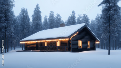 A charming wooden cabin covered in snow, illuminated by warm lights, nestled among tall, snow-covered trees in a tranquil winter landscape.