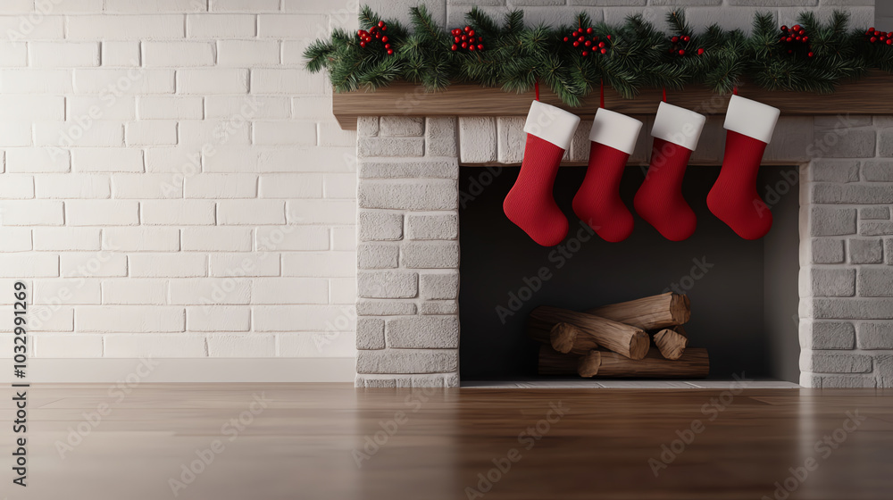 Obraz premium A cozy fireplace decorated with festive red stockings and green garland, evoking a warm holiday atmosphere in a beautifully designed interior space.