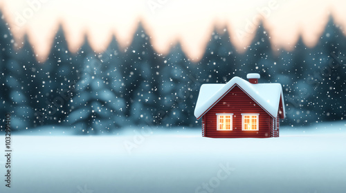 A cozy red house surrounded by a snowy landscape, illuminated warmly against a backdrop of snow-covered trees, conveying holiday spirit. photo