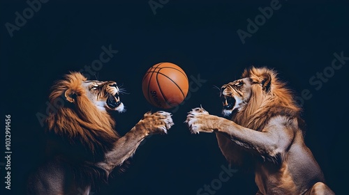 Majestic Lions Competing in Basketball Game on Plain Navy Blue Background photo