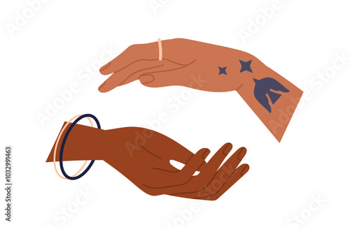 Diverse hands gestures. Palms of different people touch each other. Symbol of support, love, friendship and care. Community and Unity. Flat vector illustration isolated on white background