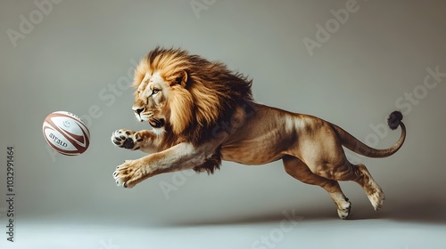 Majestic Lion Leaping with Rugby Ball on Khaki Background