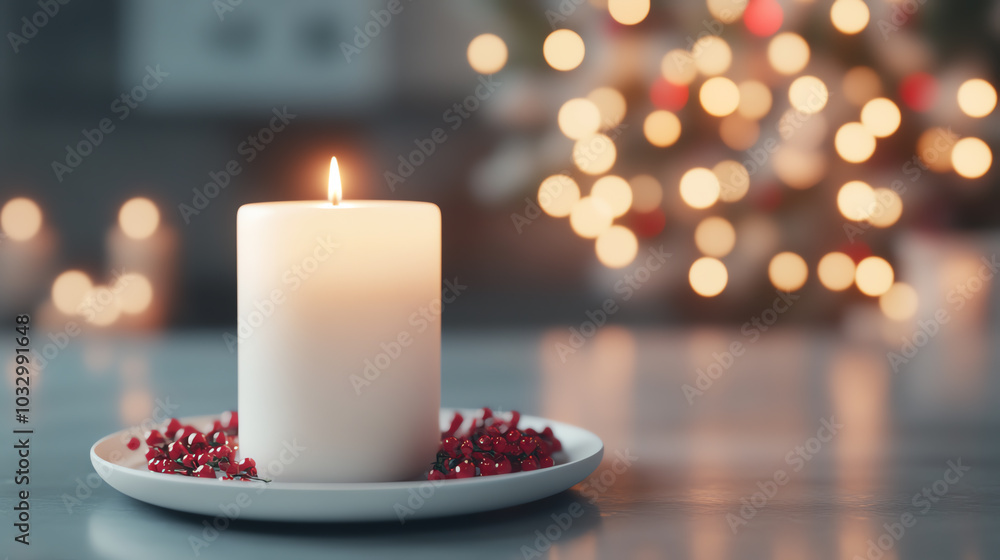 A serene white candle rests on a plate with red berries, creating a peaceful ambiance against a softly lit background adorned with festive lights. A serene white candle rests on a plate with red berries, creating a peaceful ambiance against a softly lit background adorned with festive lights.