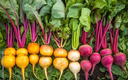 A selection of rare vegetable varieties, from golden beets to rainbow radishes, creating a colorful, exotic display