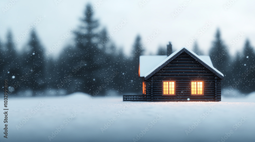 Charming winter cabin nestled among snow-covered trees, warm light glowing from windows, snowy landscape creating a serene, cozy atmosphere. Charming winter cabin nestled among snow-covered trees, warm light glowing from windows, snowy landscape creating a serene, cozy atmosphere.