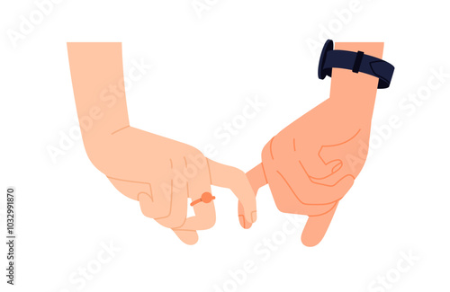 Diverse hands gestures. Palms of different people held by their little fingers. Symbol of love, friendship, support and unity. Flat vector illustration isolated on white background