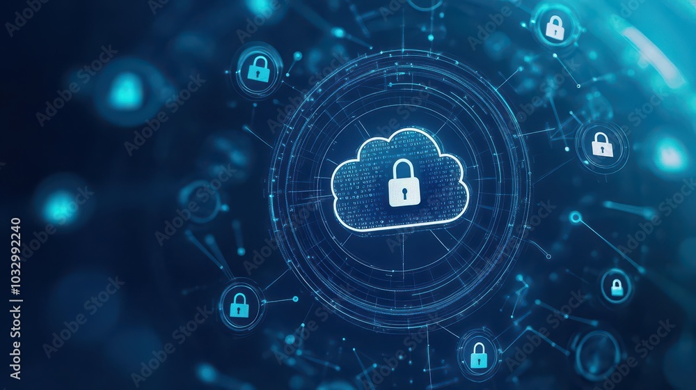 A secure cloud icon surrounded by floating personal data points, each wrapped in a protective layer of encryption and padlocks A secure cloud icon surrounded by floating personal data points, each wrapped in a protective layer of encryption and padlocks