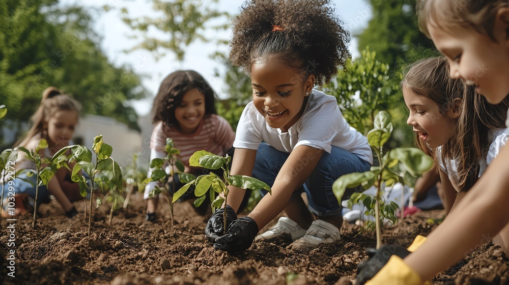 Diverse group of children planting trees Diverse group of children planting trees