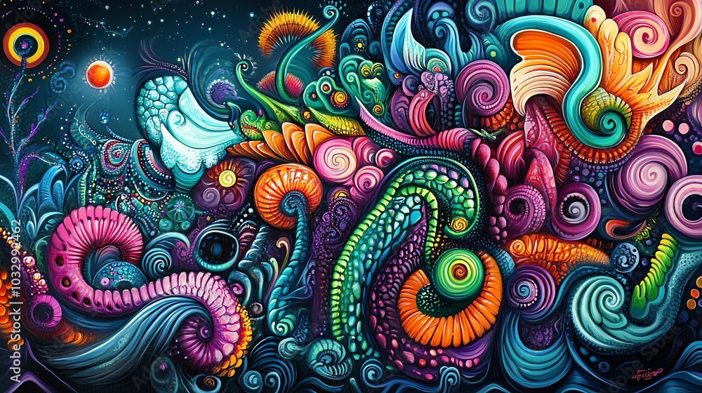 Abstract psychedelic art with swirling shapes and vibrant colors. Abstract psychedelic art with swirling shapes and vibrant colors.