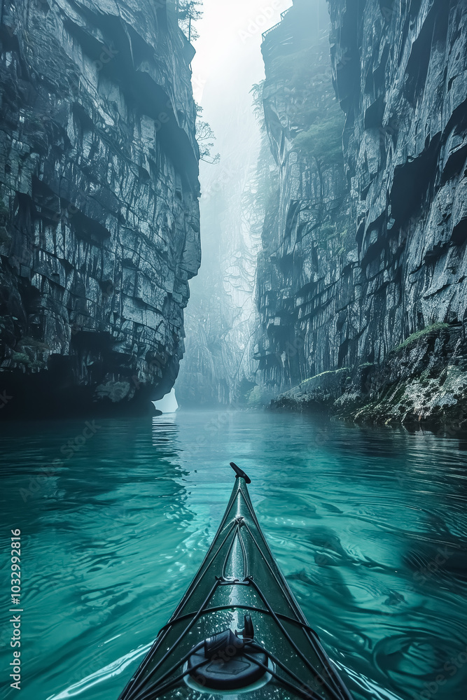 Fototapeta premium Tranquil kayak journey through misty canyon waterway for adventure travel and nature photography