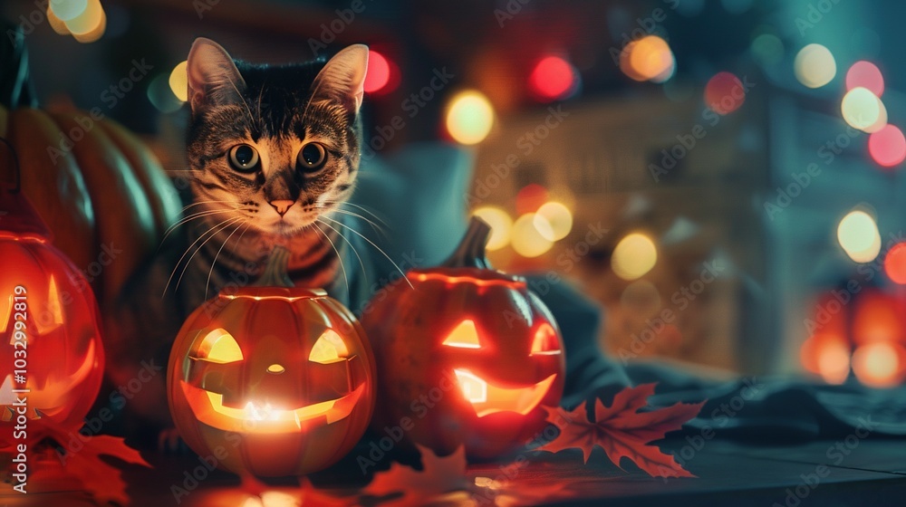 Naklejka premium A Curious Cat Looks at Lit Jack-o'-Lanterns During Halloween