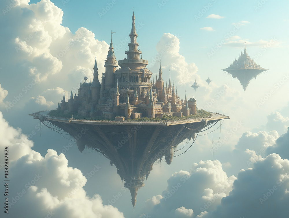 Obraz premium A floating city in the clouds, steampunk-inspired airships hovering nearby