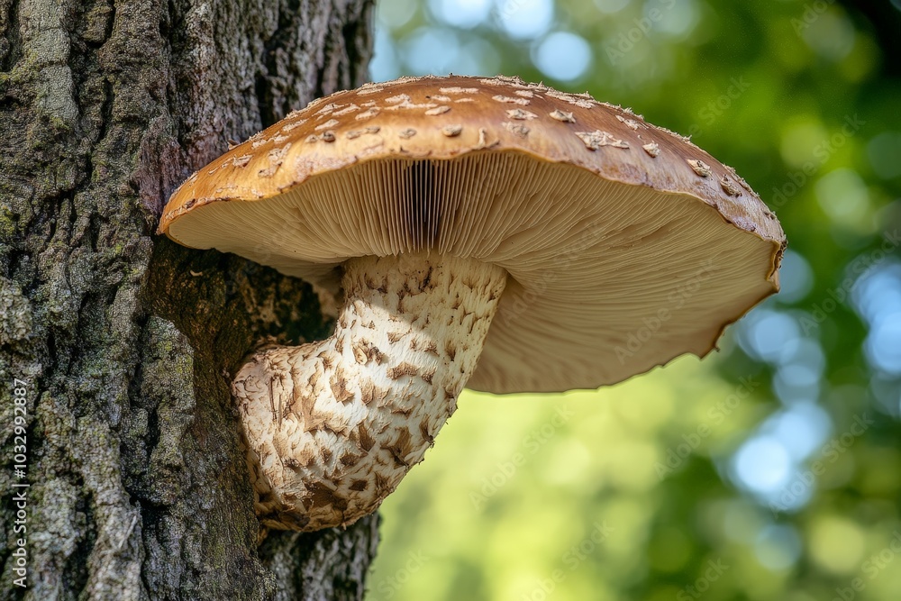 Fototapeta premium A single large mushroom growing from a tree, its gills visible underneath the cap
