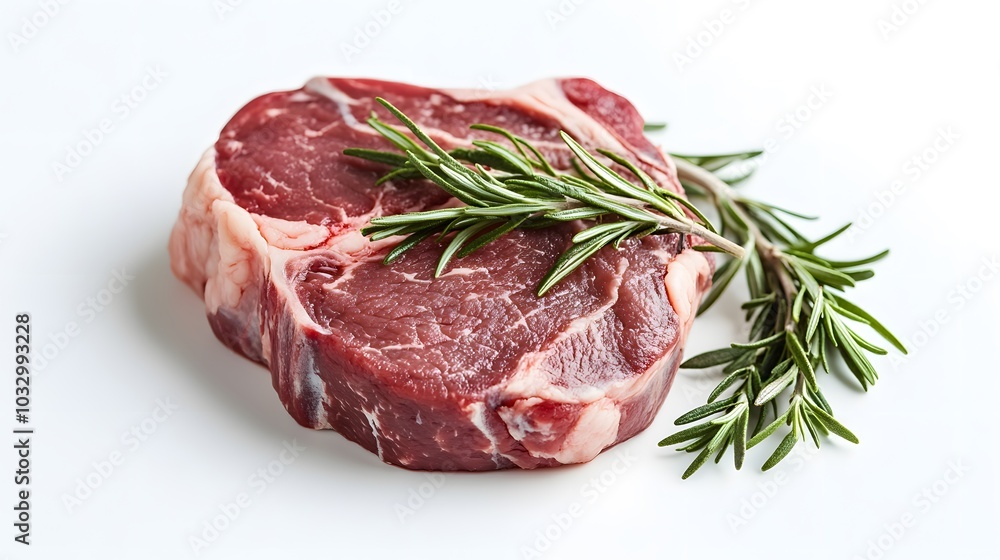 raw beef chop and rosemary on white background. raw beef chop and rosemary on white background.