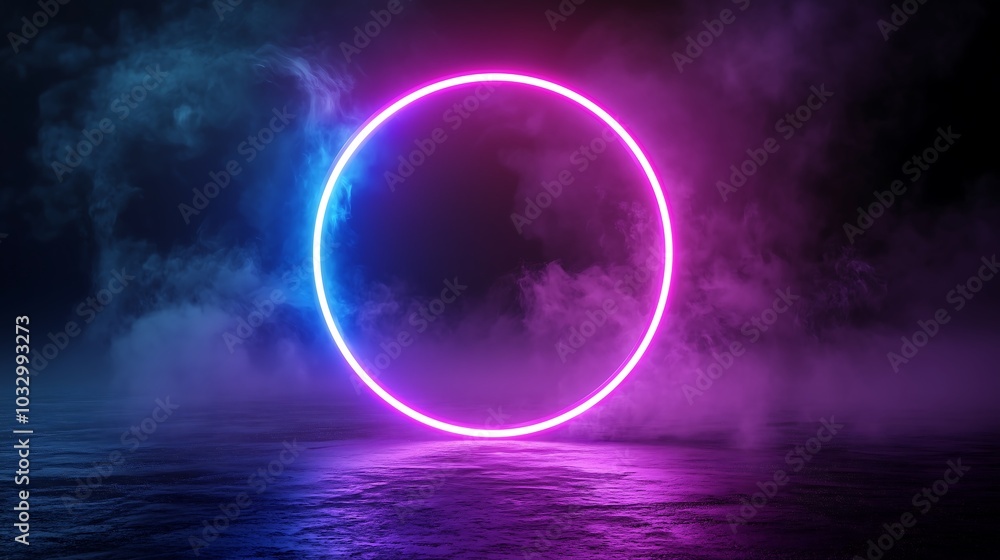 A glowing neon circle surrounded by mist, creating a mystical and mystical atmosphere over a reflective surface. A glowing neon circle surrounded by mist, creating a mystical and mystical atmosphere over a reflective surface.