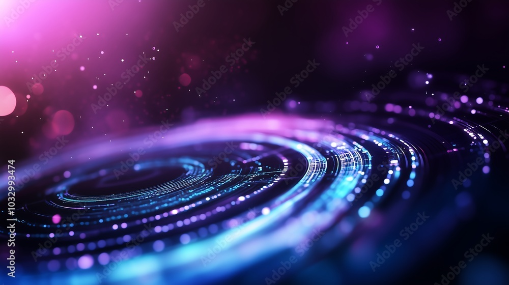 Fototapeta premium A vibrant, abstract image featuring swirling patterns of light in shades of purple and blue, evoking a sense of cosmic energy and motion.