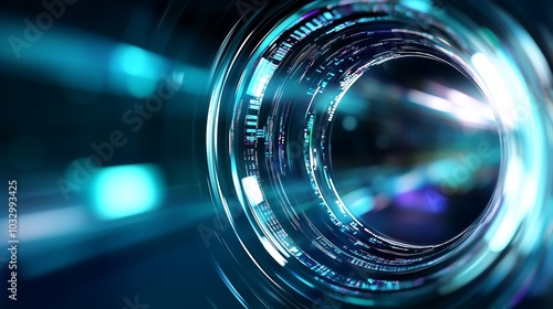 A close-up view of a futuristic lens emitting vibrant light patterns, emphasizing technological aesthetics and optical design.