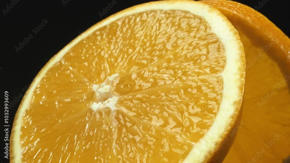 A Macrography capture of an orange slice, placed against a sleek, isolated black backdrop, unfolds as a visual masterpiece of citrus allure. A slice of orange with black background. Comestible. A Macrography capture of an orange slice, placed against a sleek, isolated black backdrop, unfolds as a visual masterpiece of citrus allure. A slice of orange with black background. Comestible.