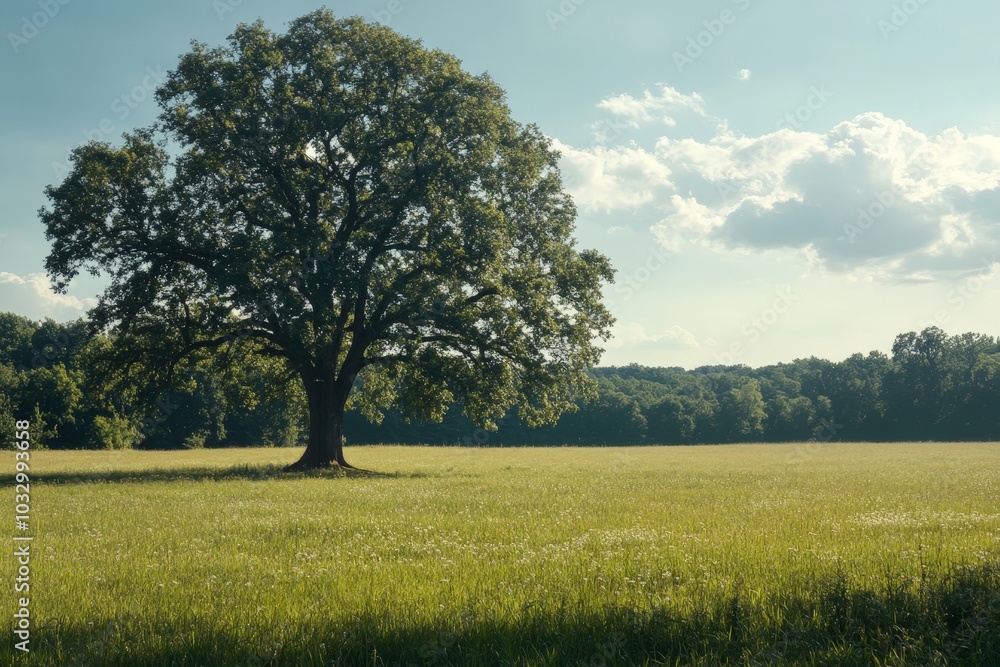 A solitary ancient tree in a serene meadow, its branches creating a wide, protective shade A solitary ancient tree in a serene meadow, its branches creating a wide, protective shade
