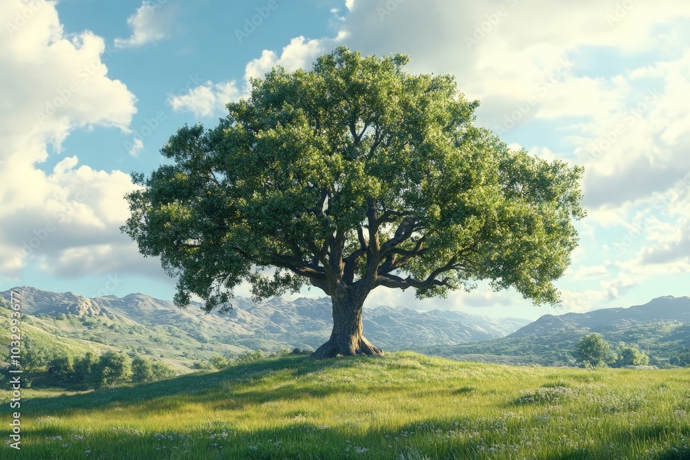 Obraz premium A solitary ancient tree in a serene meadow, its branches creating a wide, protective shade