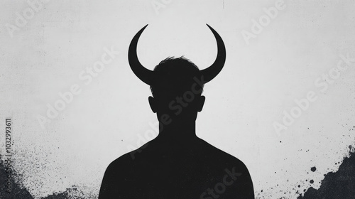 Sleek, minimalist devil silhouette in bold black against a stark white background, with simple angular horns and a subtle, menacing presence. photo